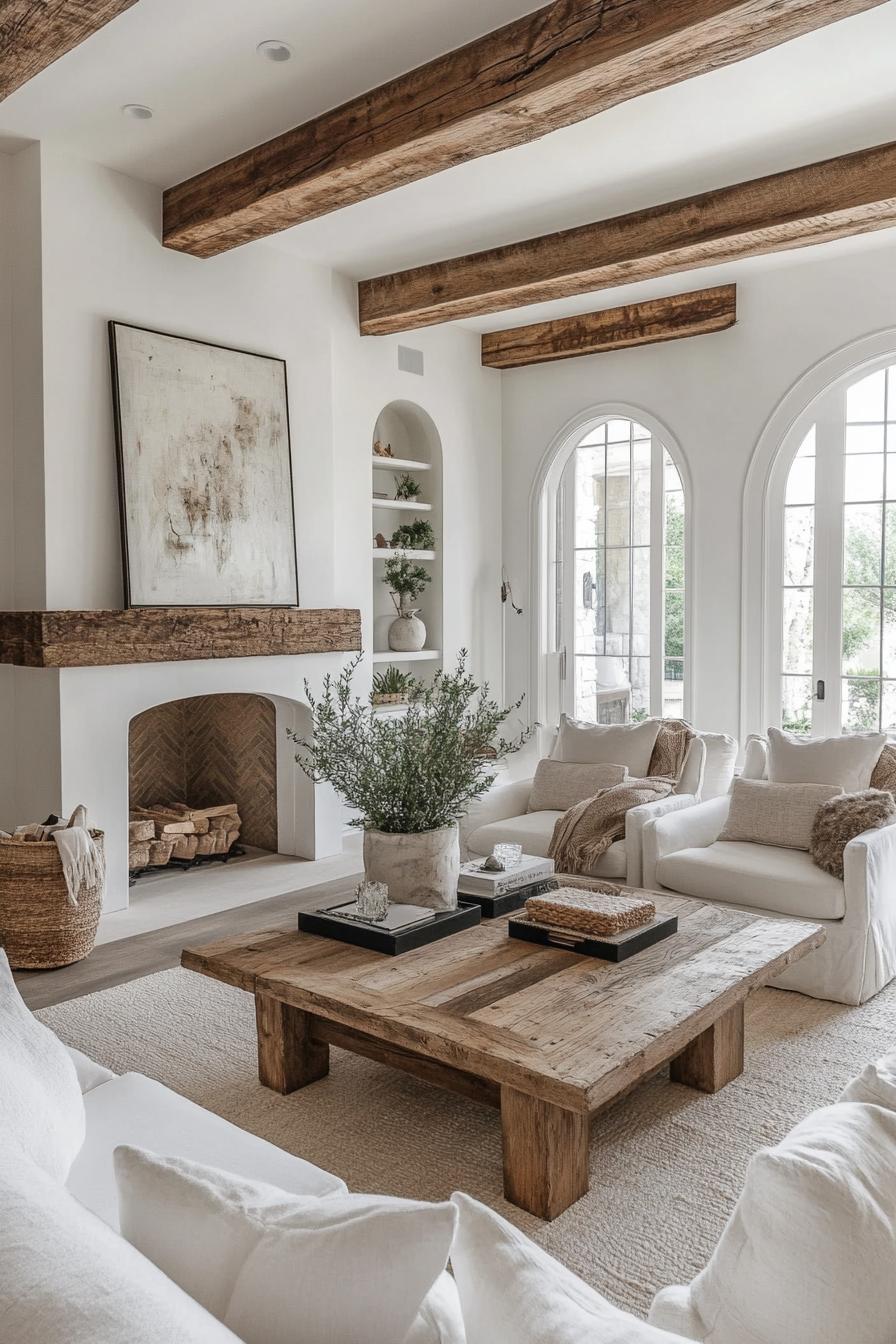 modern farmhouse living room with white walls and ceiling exposed rustic wood ceiling beams arched doorway and window white fireplace with a