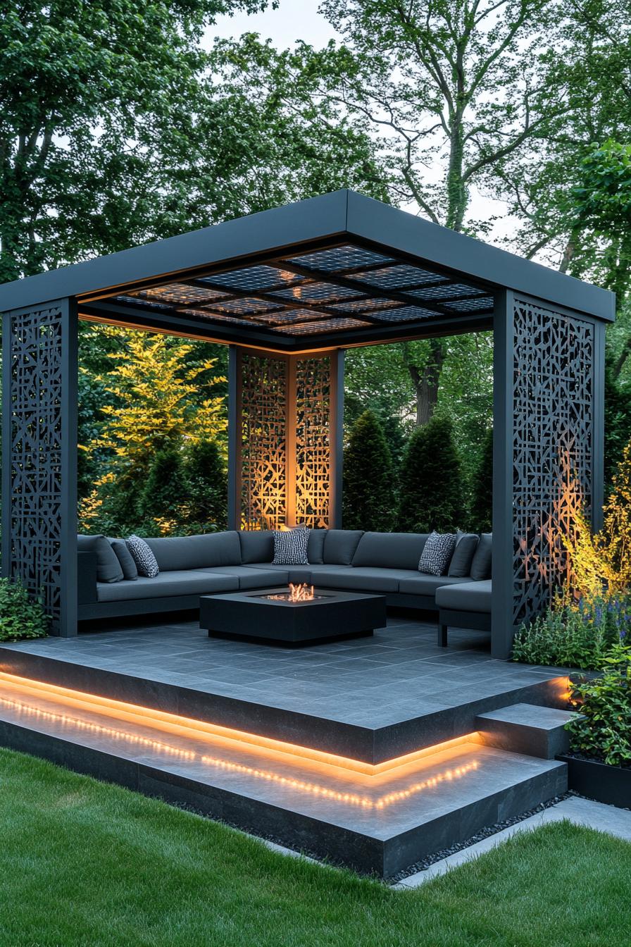 modern gazebo made of black granite in clean modern lines the deck is elevated with LED lit steps theres a modern u shaped sectional sofa with 1