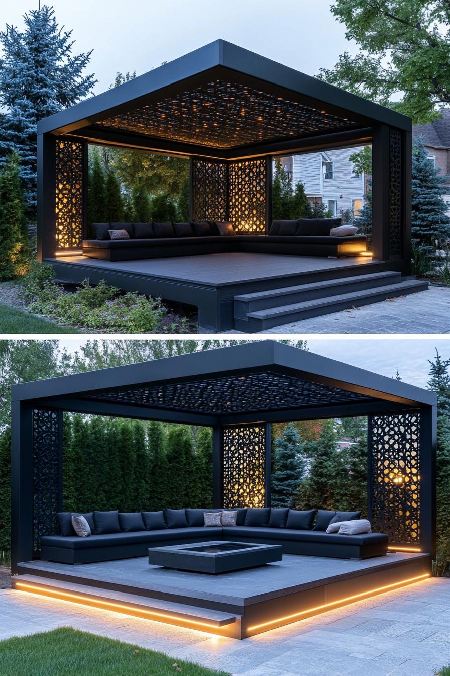 modern gazebo made of black granite in clean modern lines the deck is elevated with LED lit steps theres a modern u shaped sectional sofa with 2