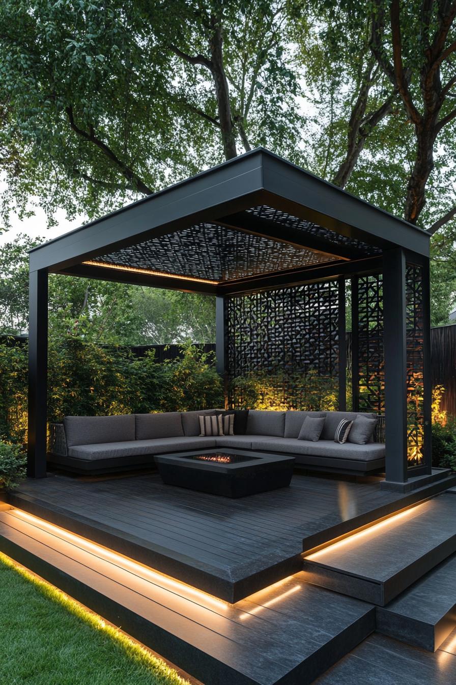 modern gazebo made of black granite in clean modern lines the deck is elevated with LED lit steps theres a modern u shaped sectional sofa with 3