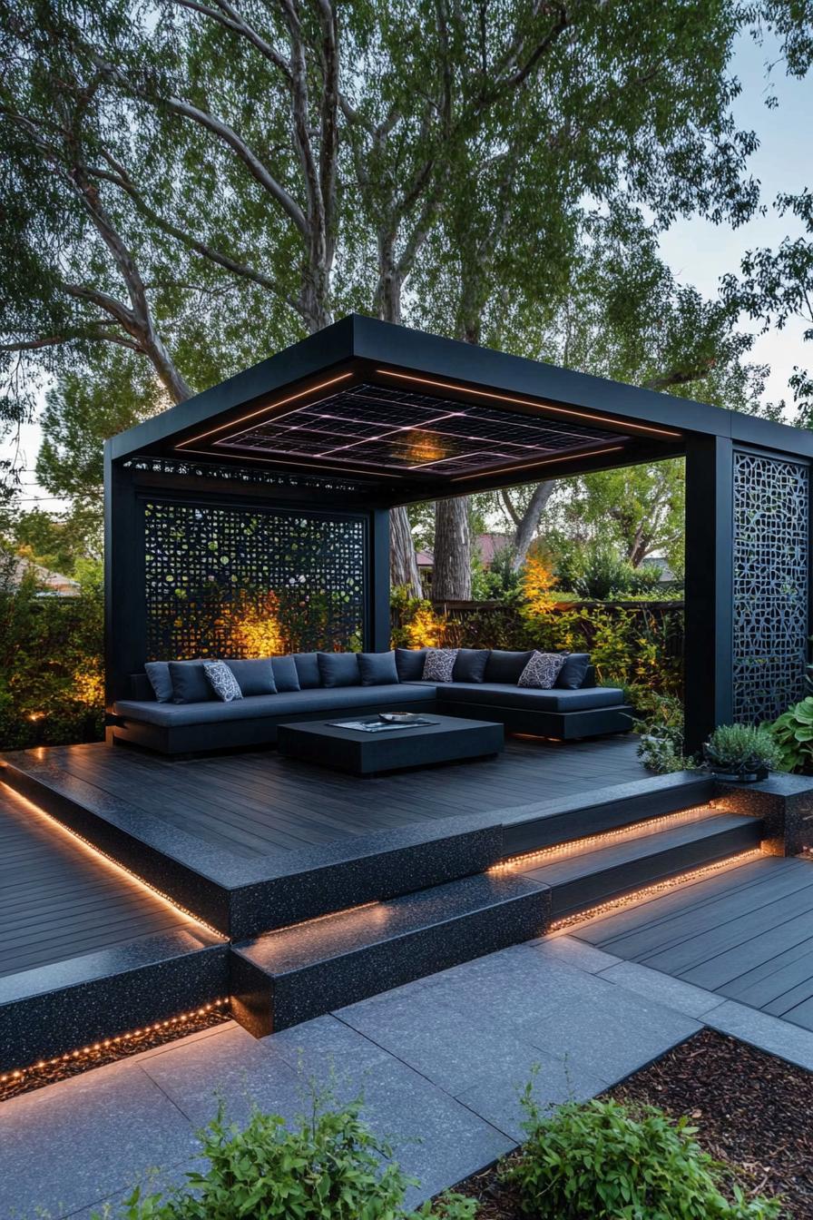 modern gazebo made of black granite in clean modern lines the deck is elevated with LED lit steps theres a modern u shaped sectional sofa with