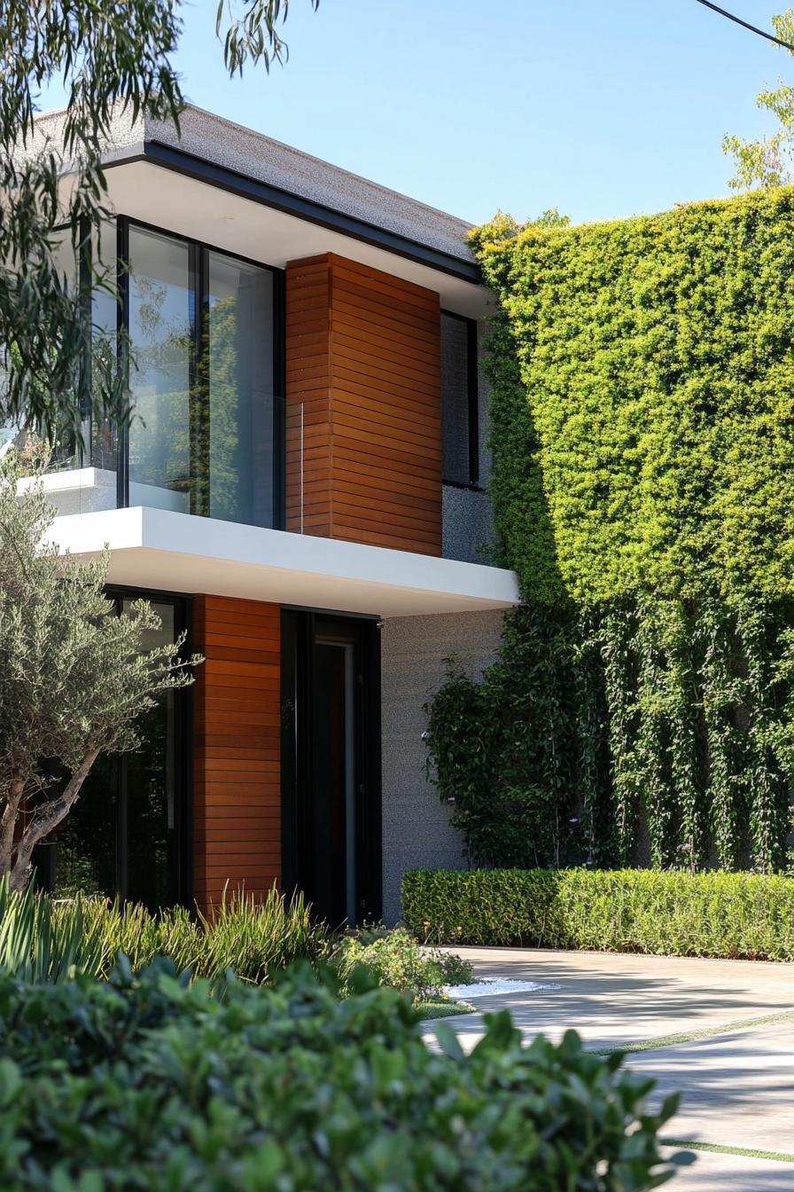 modern house front yard espaliered shrubs on facade 1