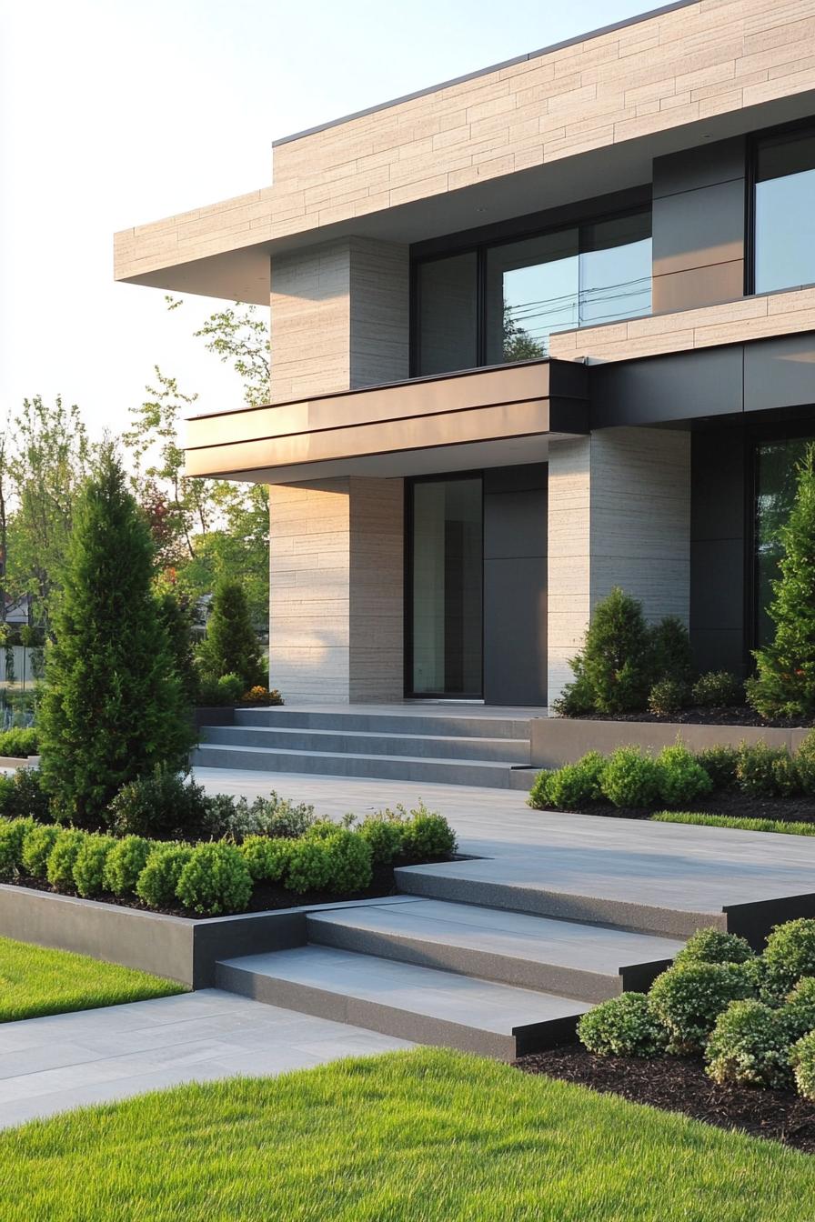 modern house front yard espaliered shrubs on facade 3