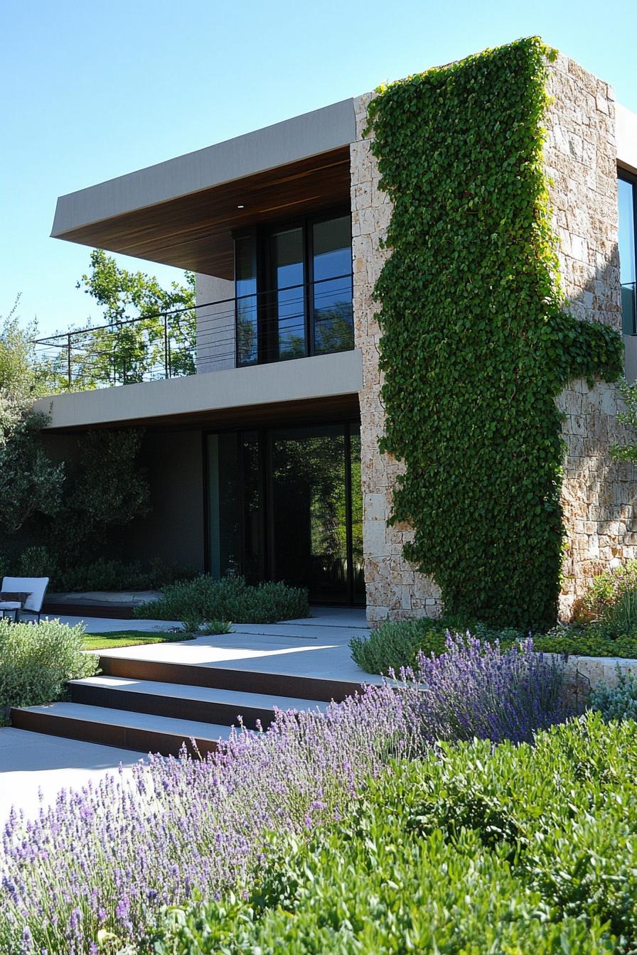 modern house front yard espaliered shrubs on facade