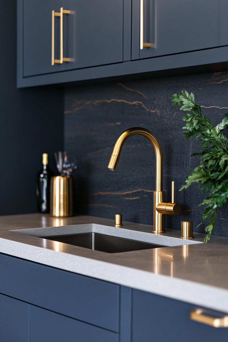 modern kitchen with deep blue cabinets and gilded hardware 1