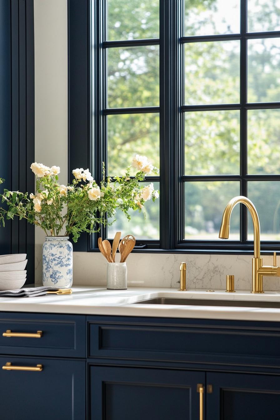 modern kitchen with deep blue cabinets and gilded hardware