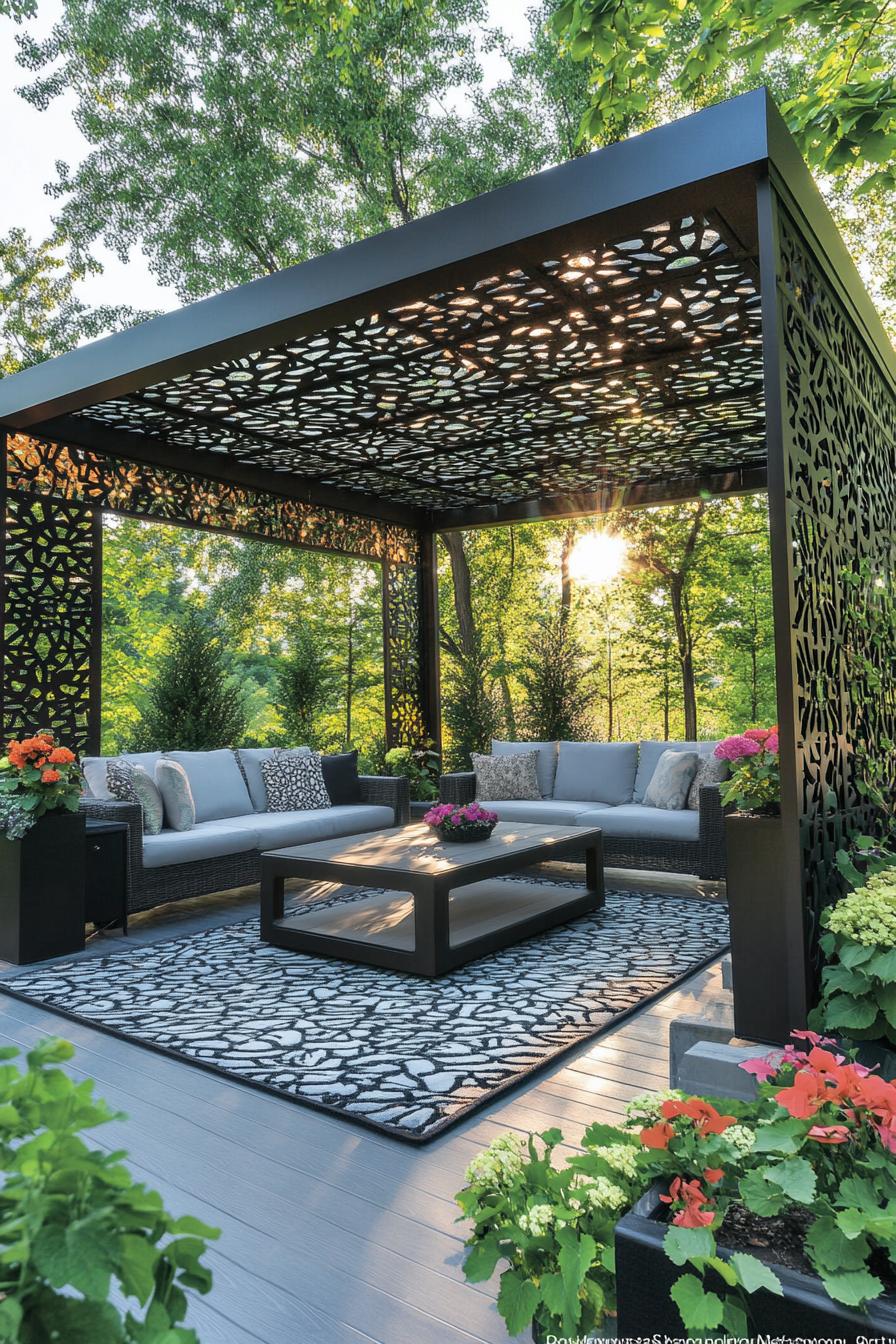 modern steel pergola with geometric patter covered in vine underneath a modern sofa with coffee table a rug deck lined with flower planters 1