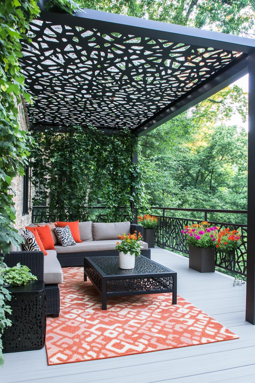 modern steel pergola with geometric patter covered in vine underneath a modern sofa with coffee table a rug deck lined with flower planters 2