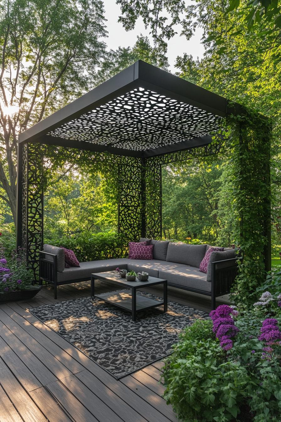 modern steel pergola with geometric patter covered in vine underneath a modern sofa with coffee table a rug deck lined with flower planters 3