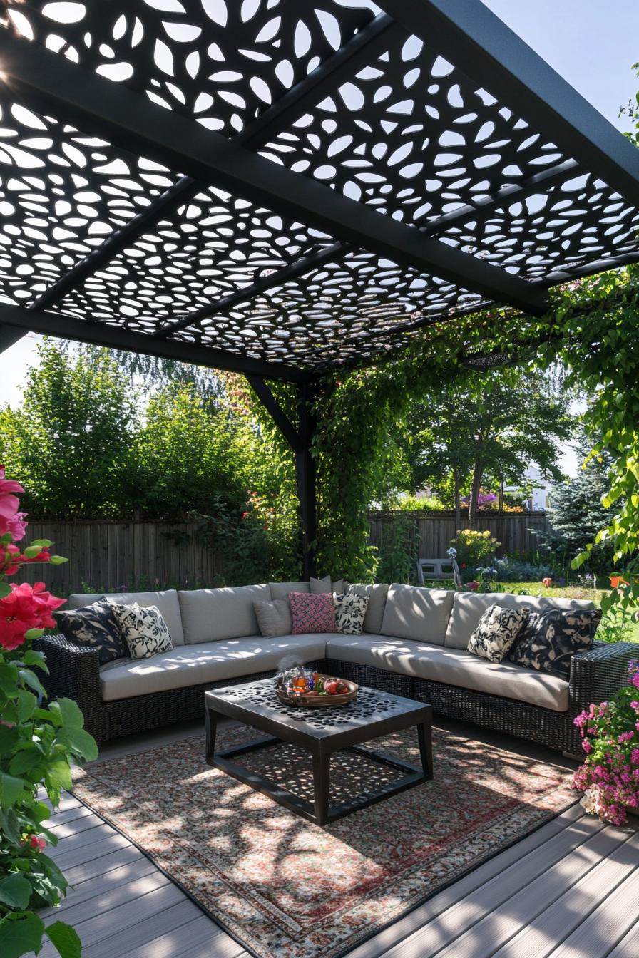 modern steel pergola with geometric patter covered in vine underneath a modern sofa with coffee table a rug deck lined with flower planters