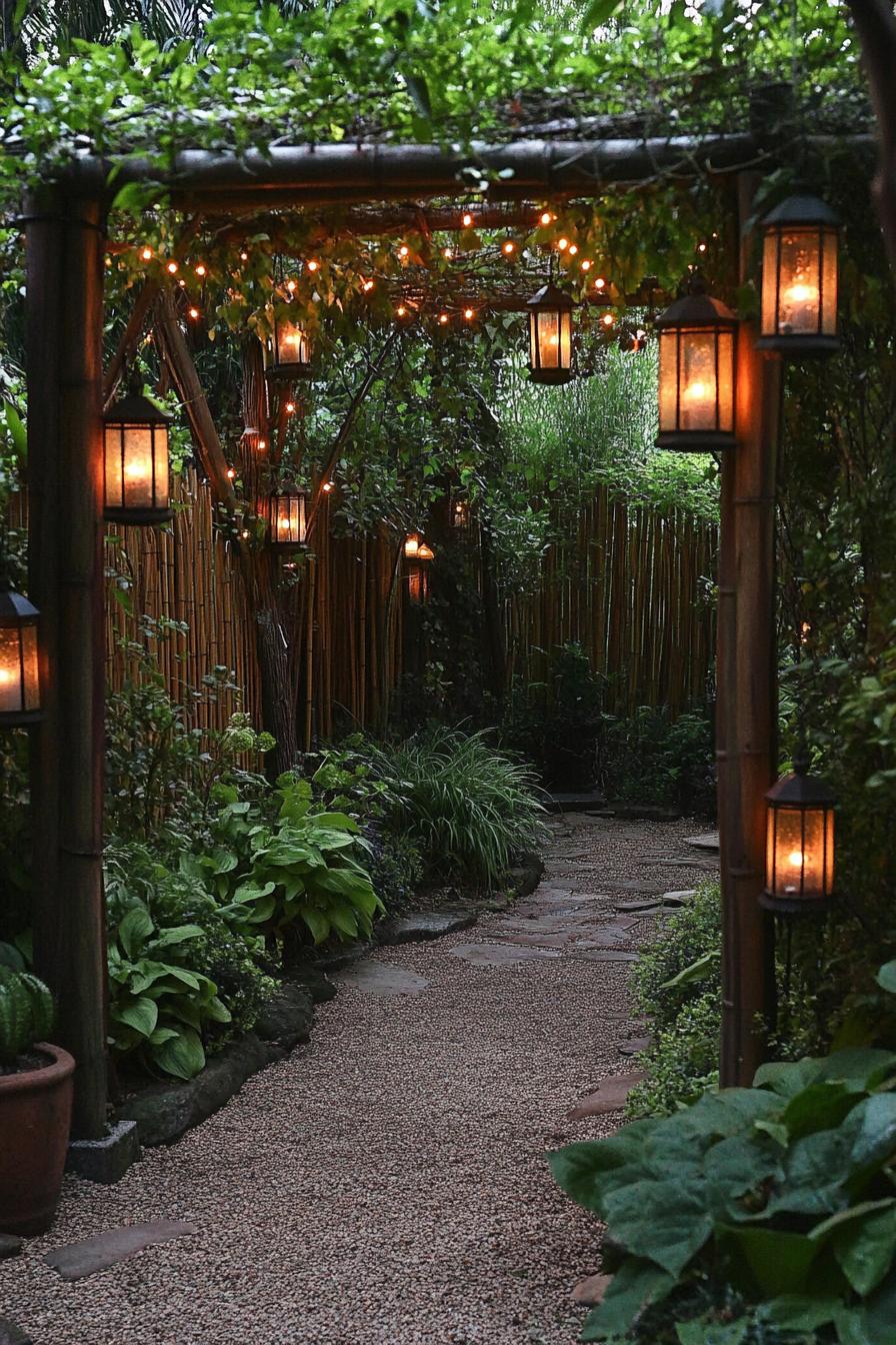 natural arbor overgrown with climber plants entrance to a garden it has lanterns and string lights lush garden inside with a bamboo fence 1