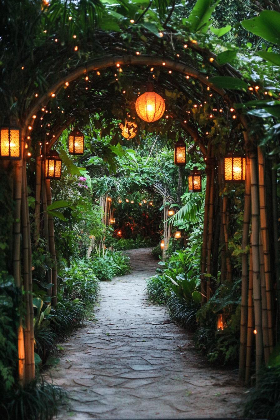 natural arbor overgrown with climber plants entrance to a garden it has lanterns and string lights lush garden inside with a bamboo fence