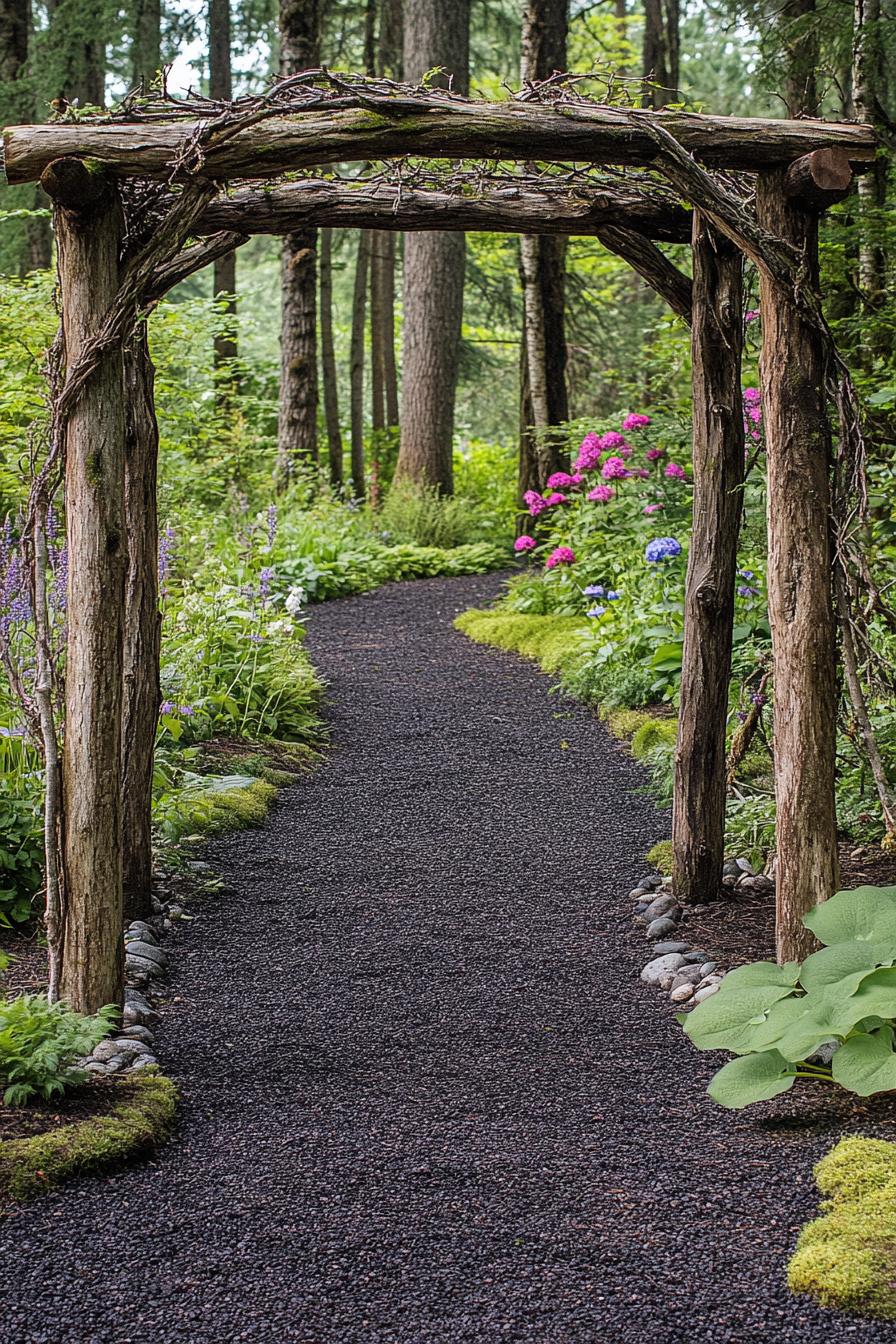 rustic country garden arbor made with tree branches with vine clambers dark gravel path native plants and flowers trees in the background 1