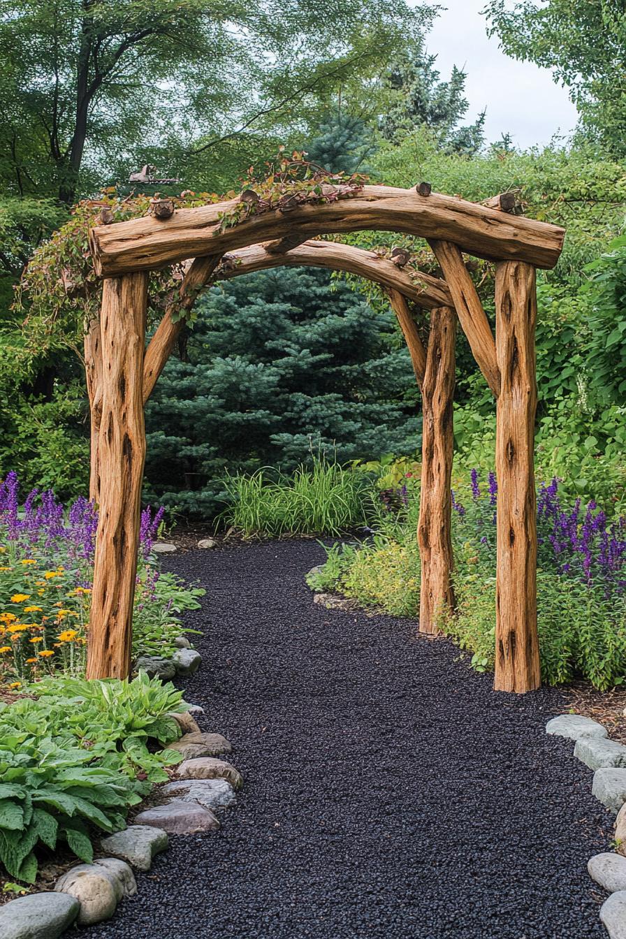 rustic country garden arbor made with tree branches with vine clambers dark gravel path native plants and flowers trees in the background 2