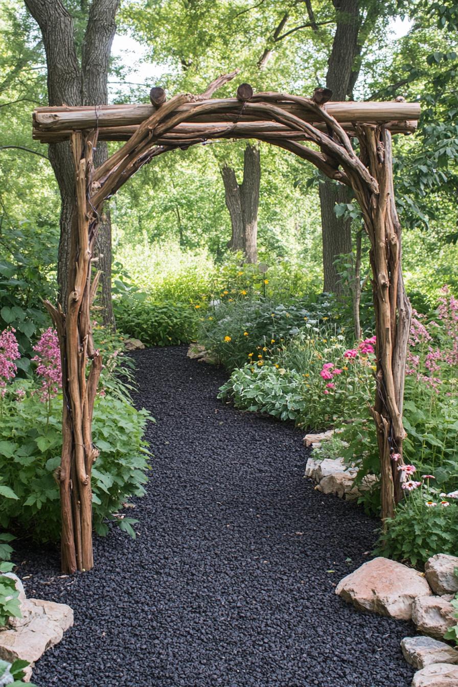 rustic country garden arbor made with tree branches with vine clambers dark gravel path native plants and flowers trees in the background