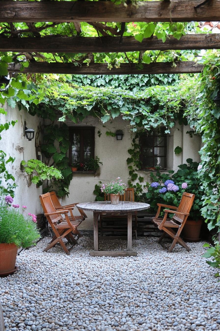 small patio with gravel floor walls overgrown with climber plants solid wood furniture