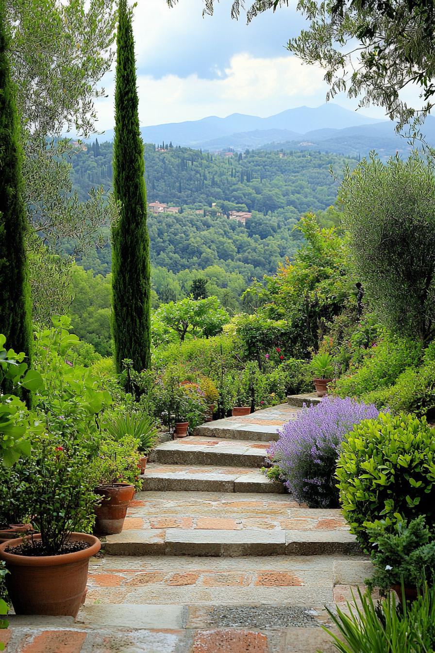 tuscan garden with steps lush native plants trees shrubs Tuscany mountains in the background