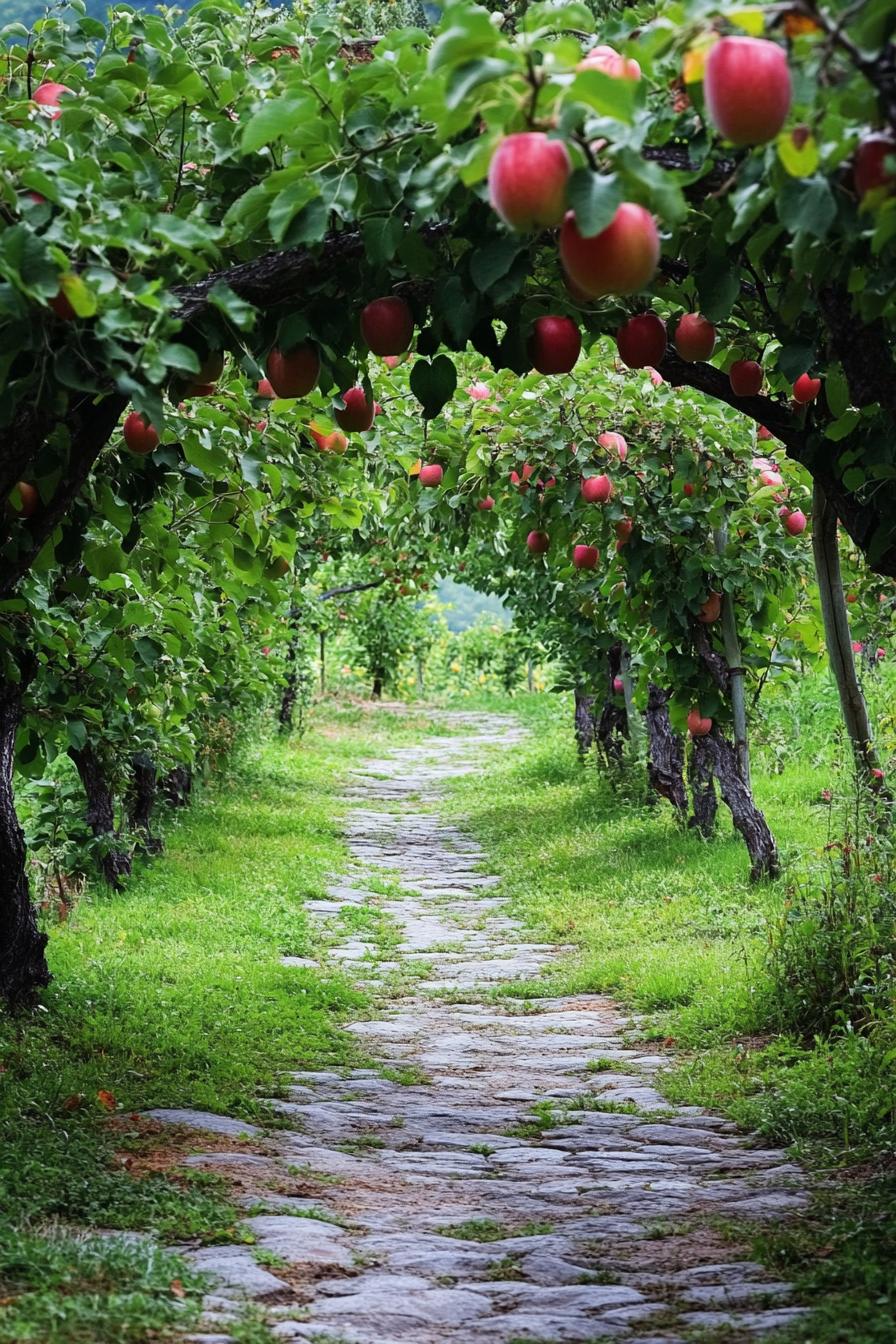 apple tree orchard with a stone paved path and arbor with vines