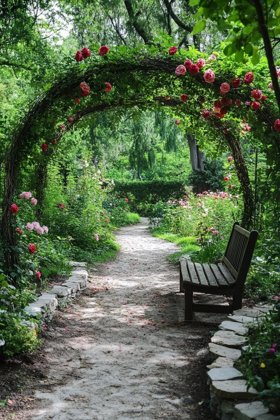 beautiful lush garden with a natural arbor of vine roses theres a garden bench and a stone path leading to it there are stone borders 1