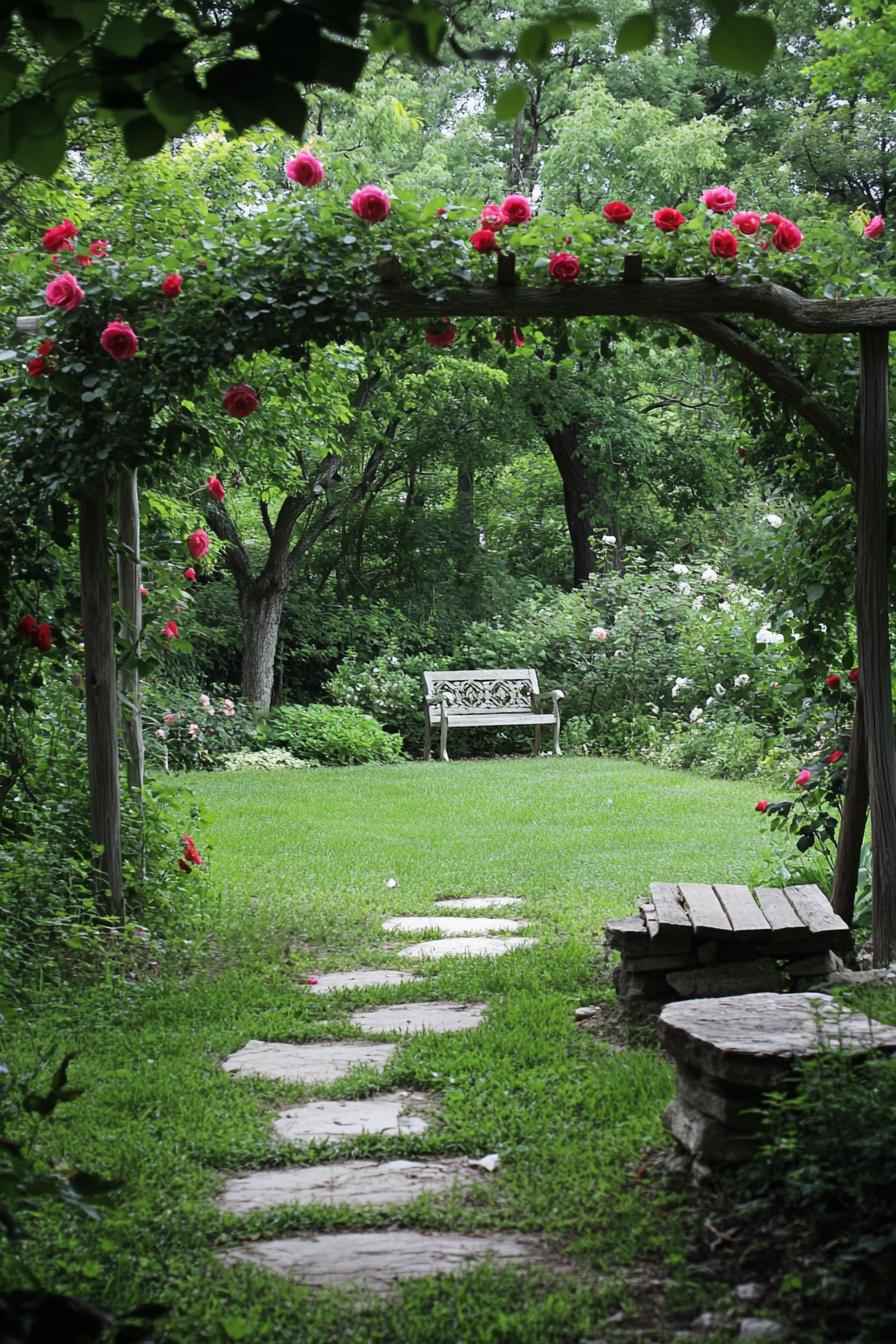 beautiful lush garden with a natural arbor of vine roses theres a garden bench and a stone path leading to it there are stone borders