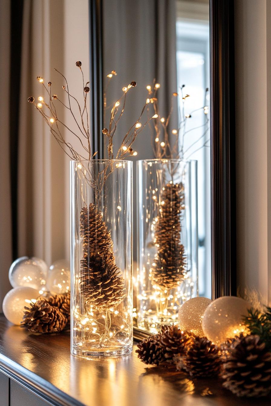 console table with mirror decor for Christmas tall glass vases filled with pine cones and fairy lights stand in front of the mirror 1