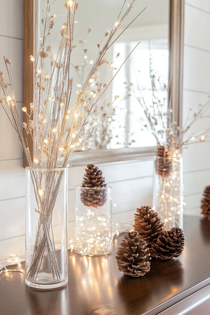 console table with mirror decor for Christmas tall glass vases filled with pine cones and fairy lights stand in front of the mirror