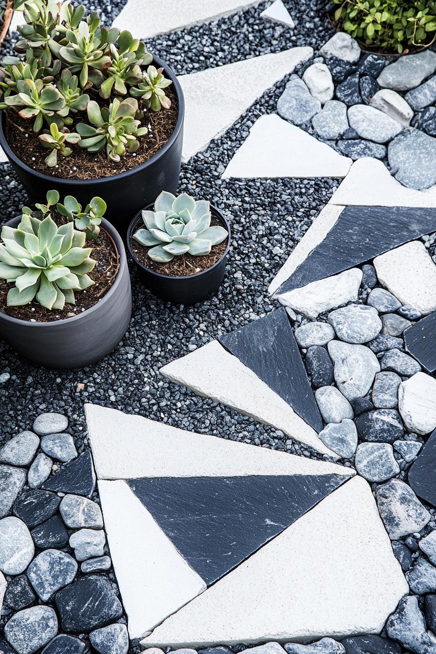 garden landscape with black and white rocks succulents and potted plants white rock form geometric designs 1