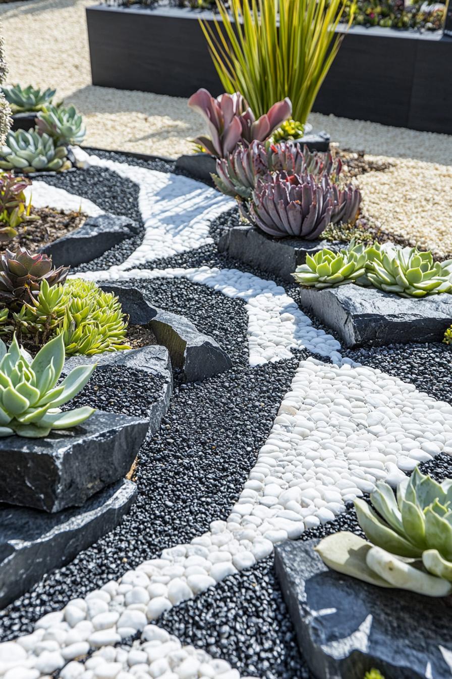 garden landscape with black and white rocks succulents and potted plants white rock form geometric designs 2