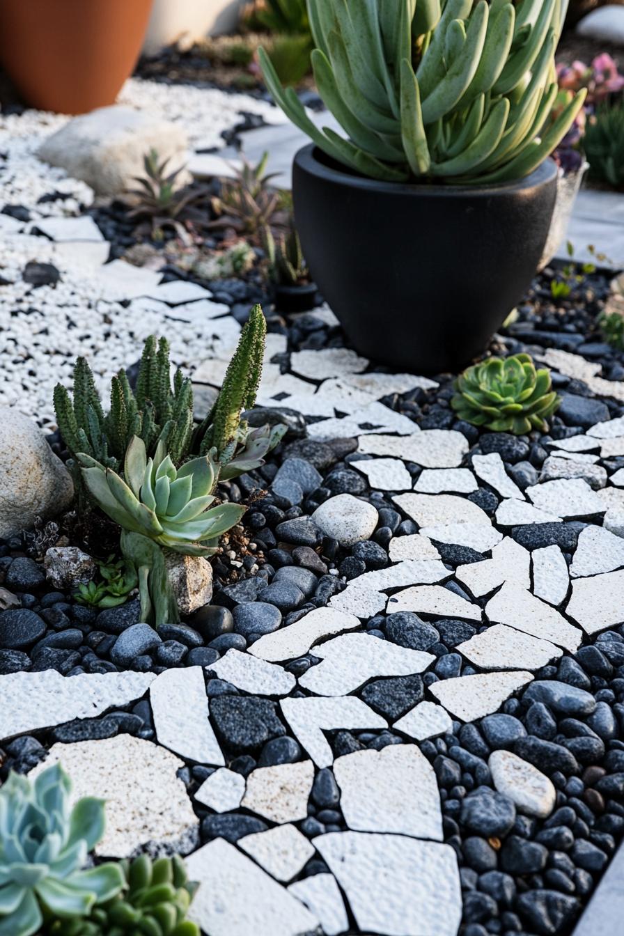 garden landscape with black and white rocks succulents and potted plants white rock form geometric designs