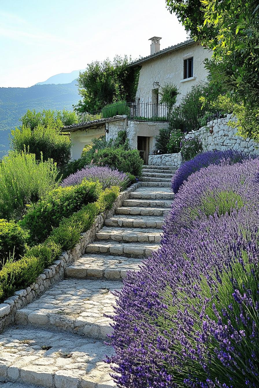 mediterranean landscaping with stone paved paths and lush lavenders 2