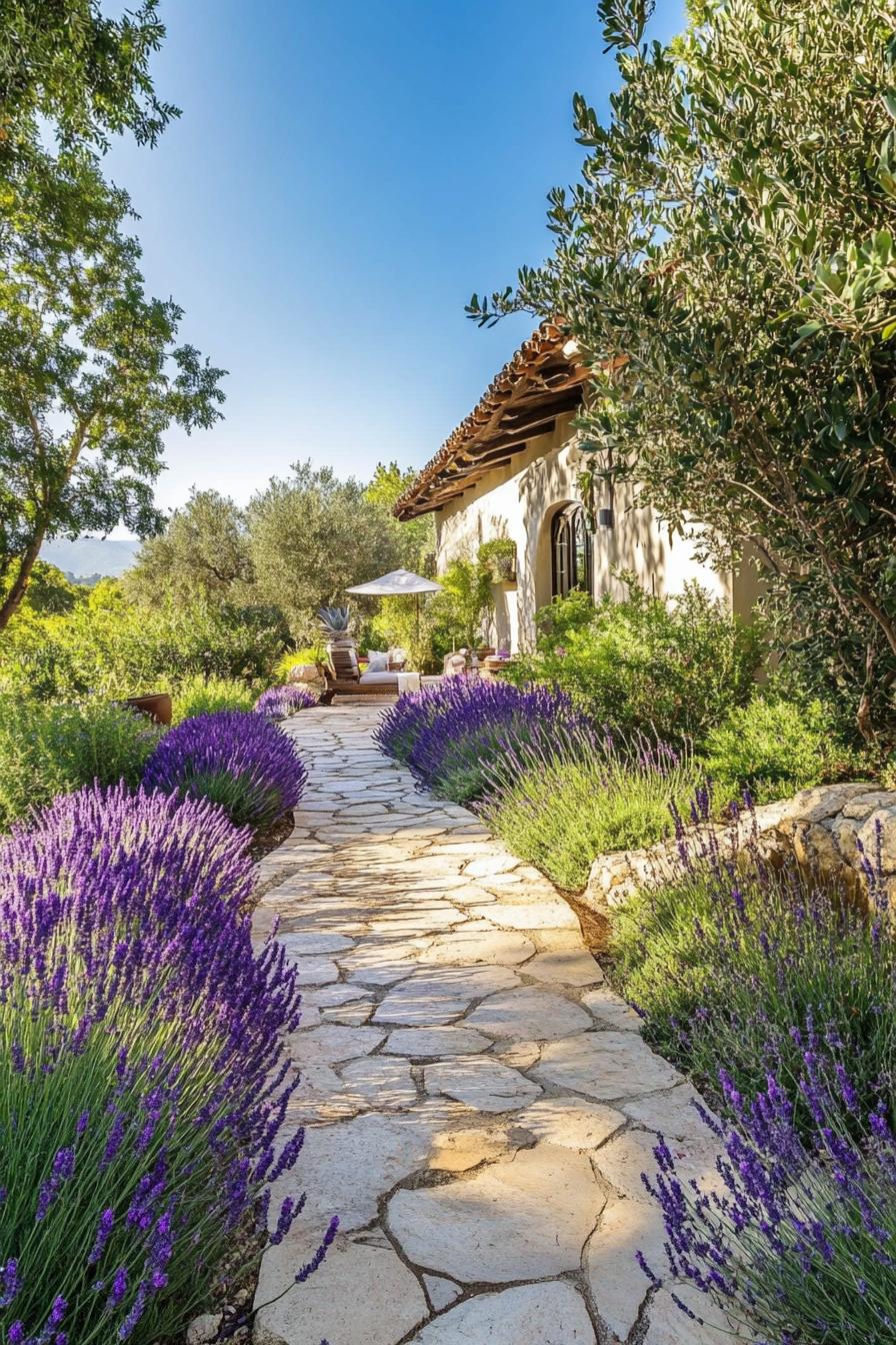 mediterranean landscaping with stone paved paths and lush lavenders