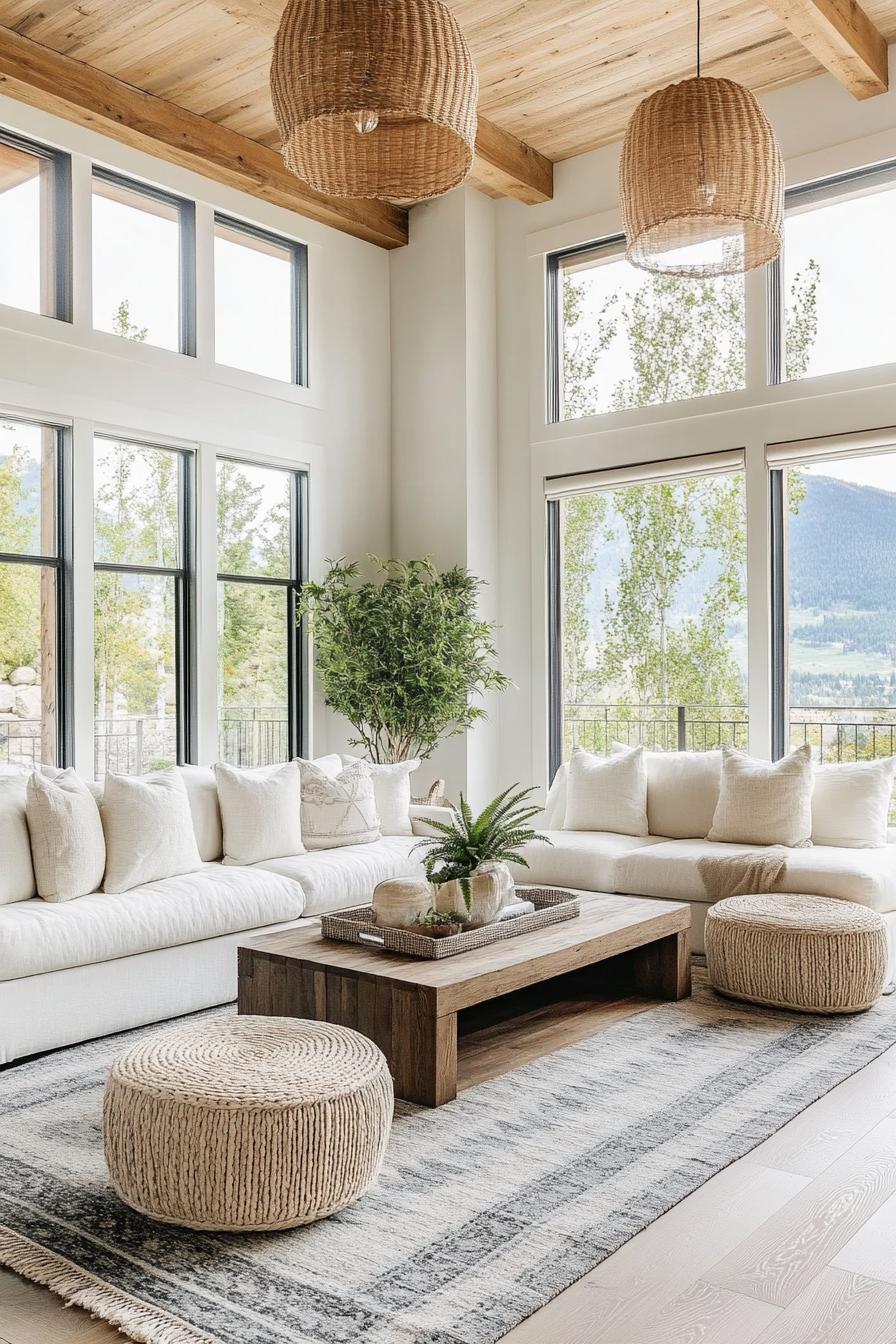 modern farmhouse living room with white walls natural wood ceiling hardwood floor with grey area rug dark wood stain coffee table creamy sofas 1