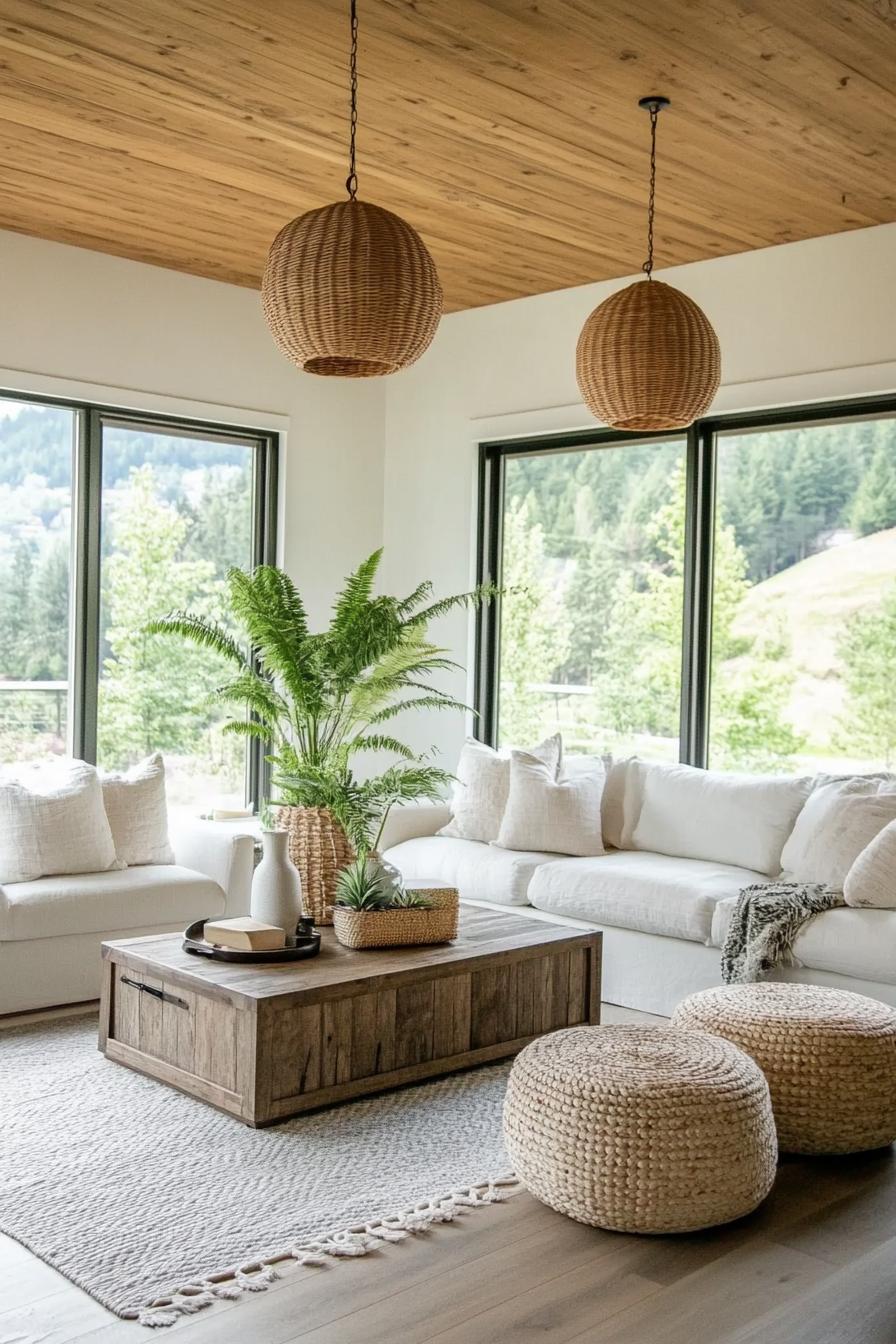 modern farmhouse living room with white walls natural wood ceiling hardwood floor with grey area rug dark wood stain coffee table creamy sofas