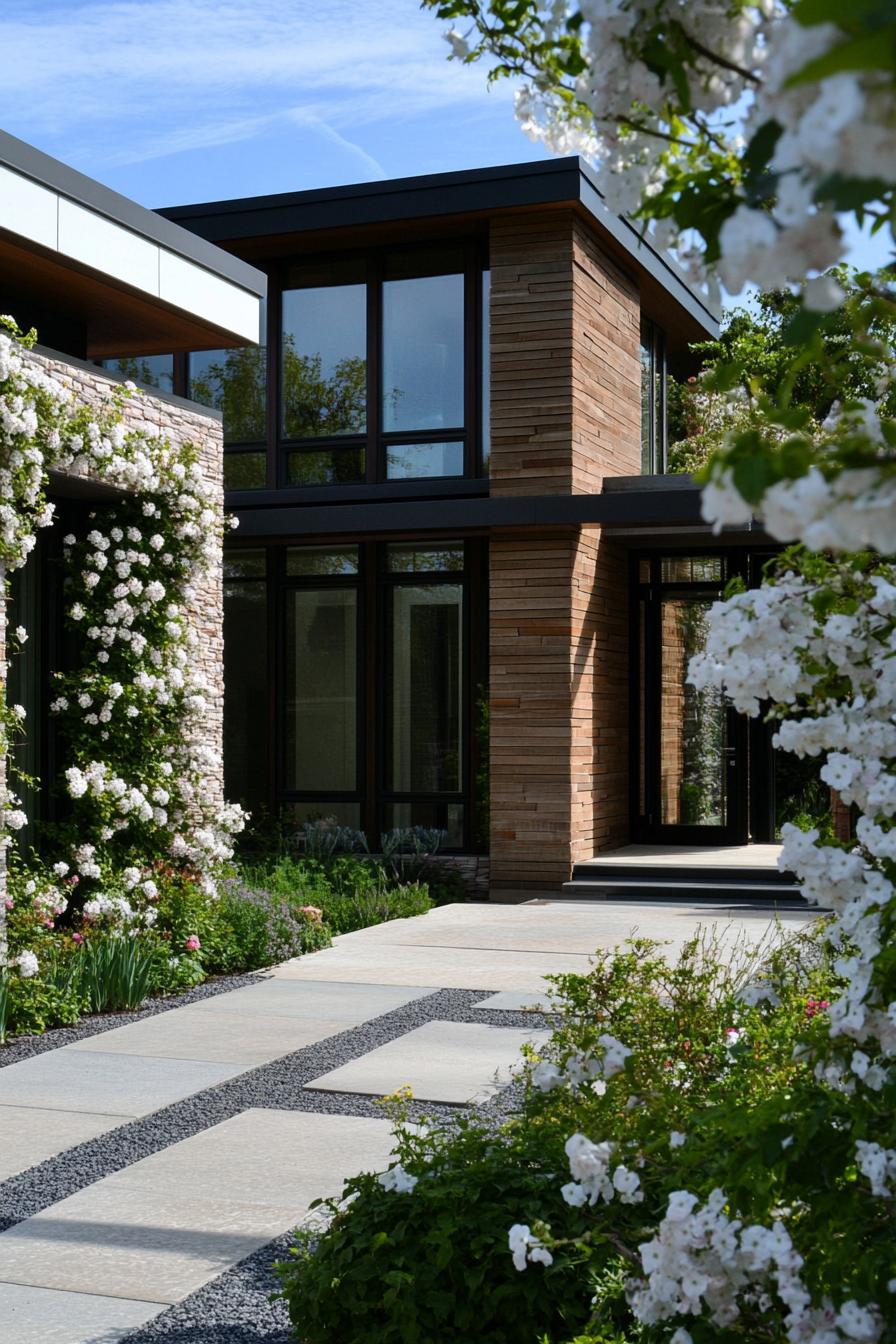 modern house front yard with flowering jasmine shrubs 1