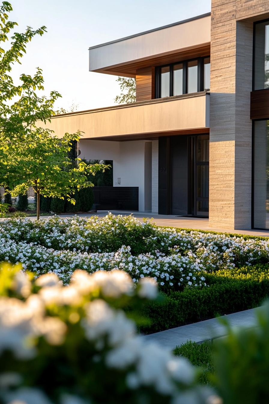 modern house front yard with flowering jasmine shrubs 2