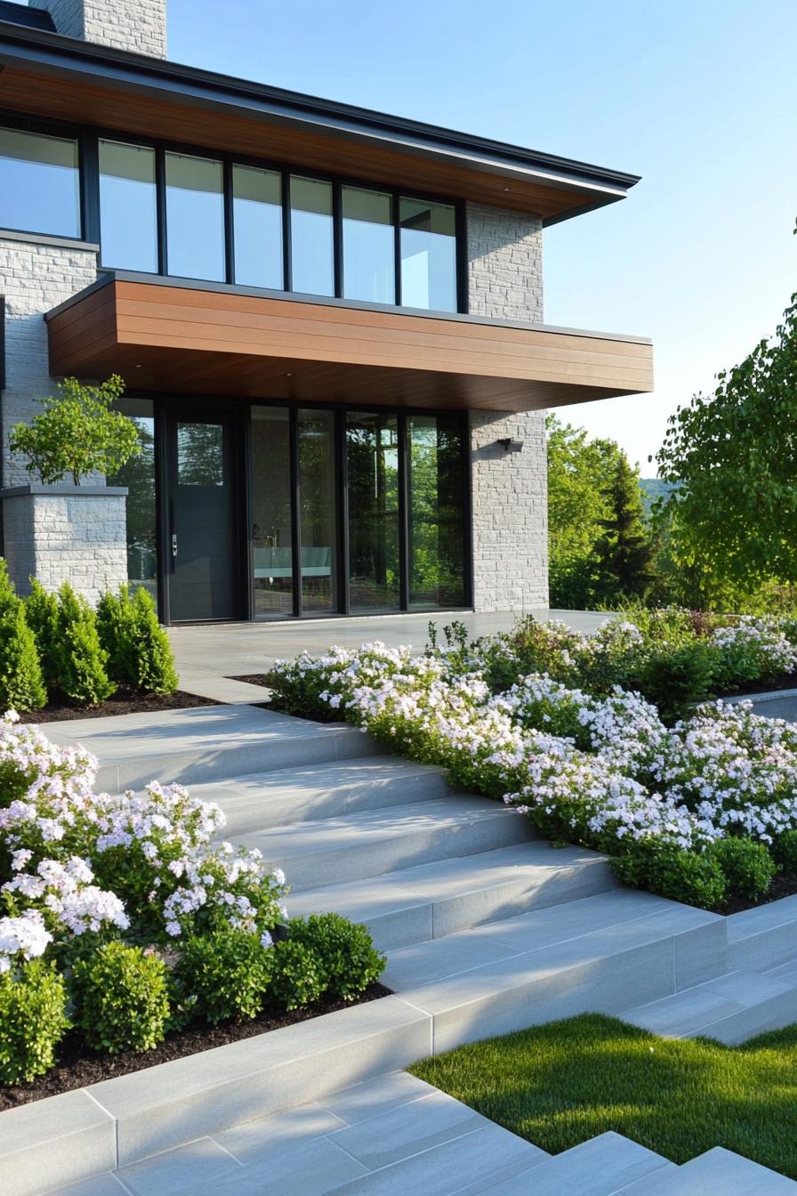 modern house front yard with flowering jasmine shrubs 3