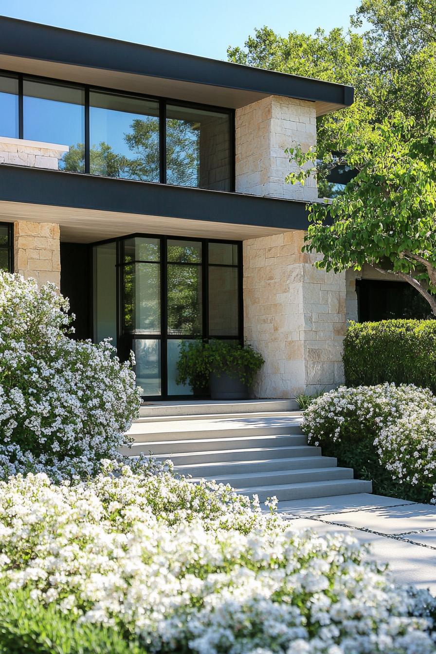 modern house front yard with flowering jasmine shrubs