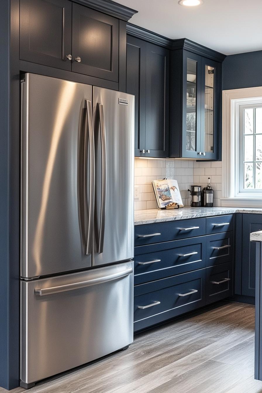 modern kitchen with navy blue cabinets silver fridge marble countertop grey wood floor