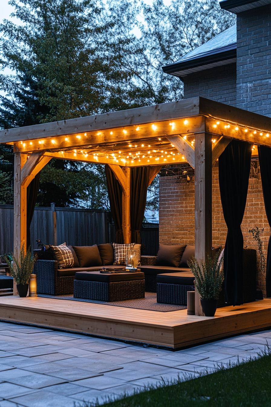 modern natural wood gazebo with columns pitched roof black curtains the back brick wall wooden deck area rug modern sofas ottoman the roof is 1