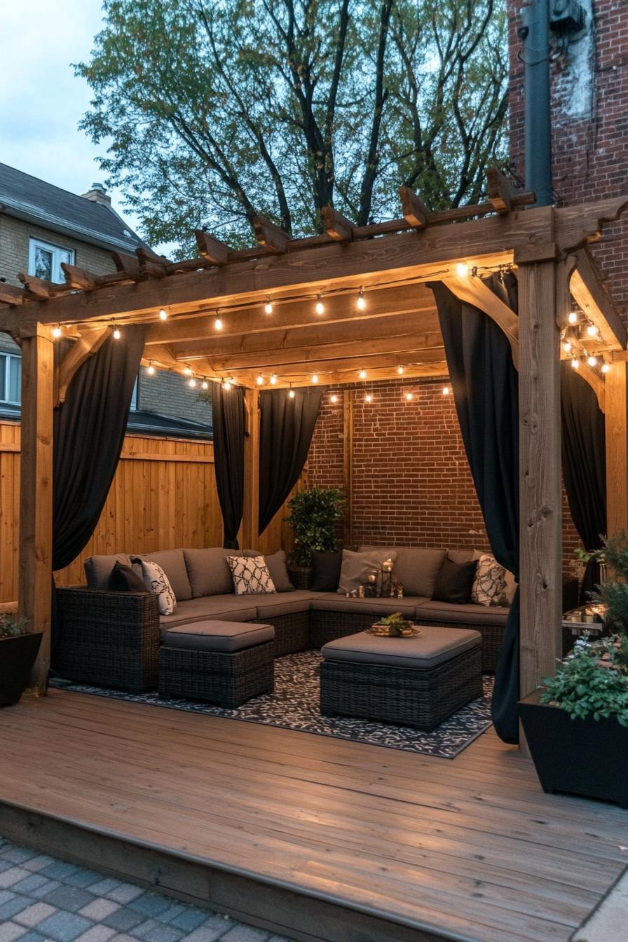 modern natural wood gazebo with columns pitched roof black curtains the back brick wall wooden deck area rug modern sofas ottoman the roof is 2