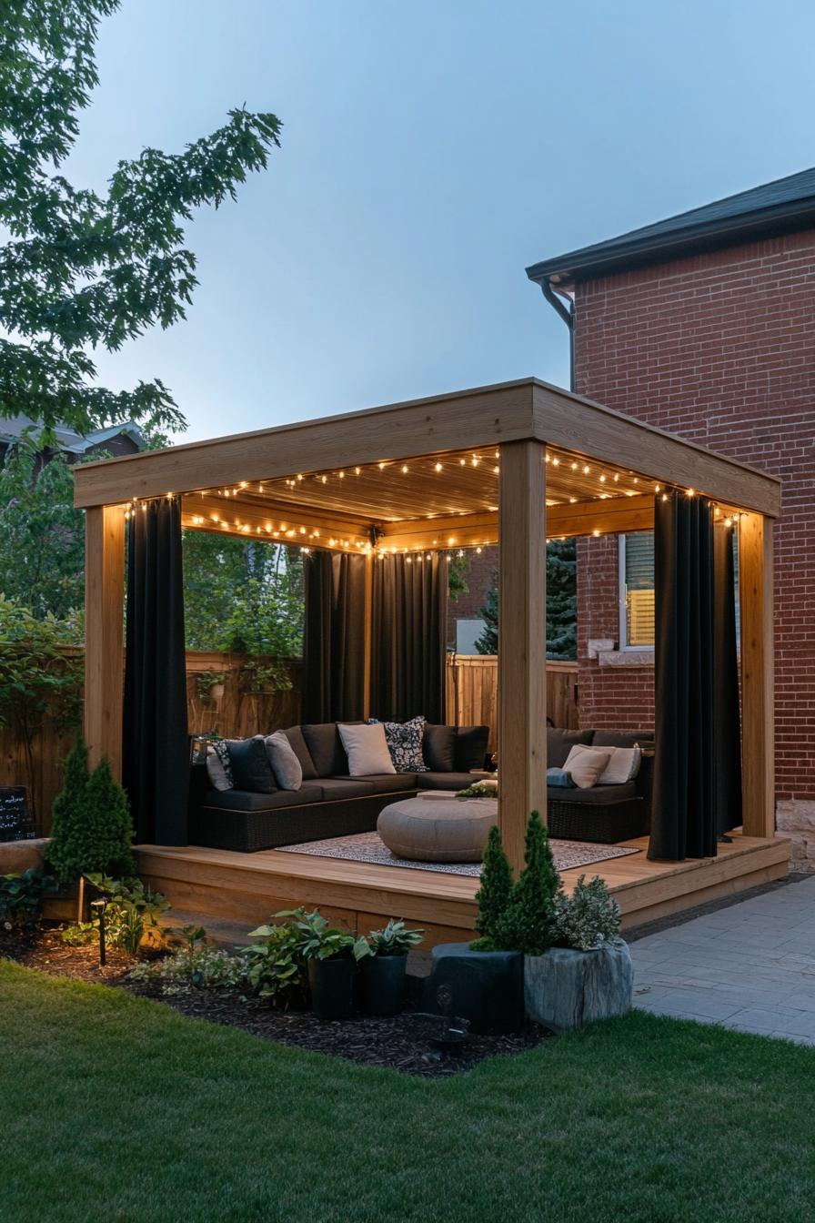 modern natural wood gazebo with columns pitched roof black curtains the back brick wall wooden deck area rug modern sofas ottoman the roof is 3