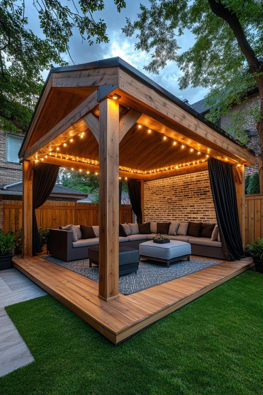 modern natural wood gazebo with columns pitched roof black curtains the back brick wall wooden deck area rug modern sofas ottoman the roof is