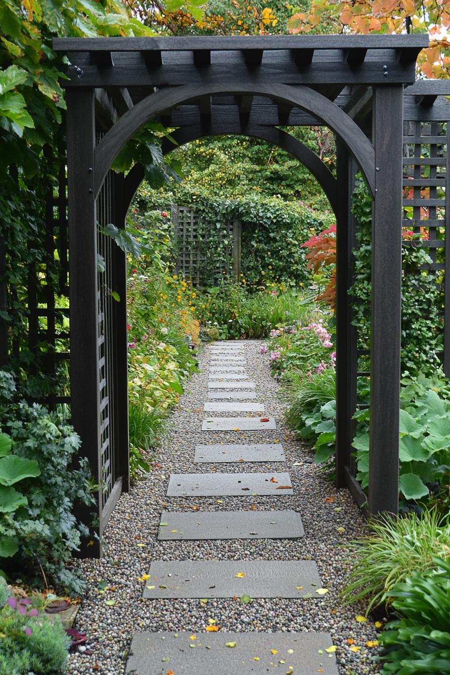 modern wooden arched garden trellis entrance to a small lush garden with paved paths 1