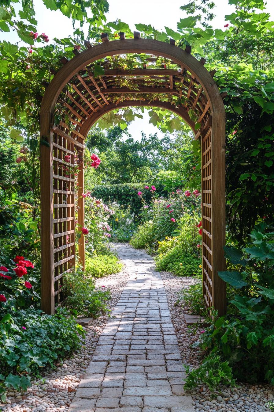 modern wooden arched garden trellis entrance to a small lush garden with paved paths 2