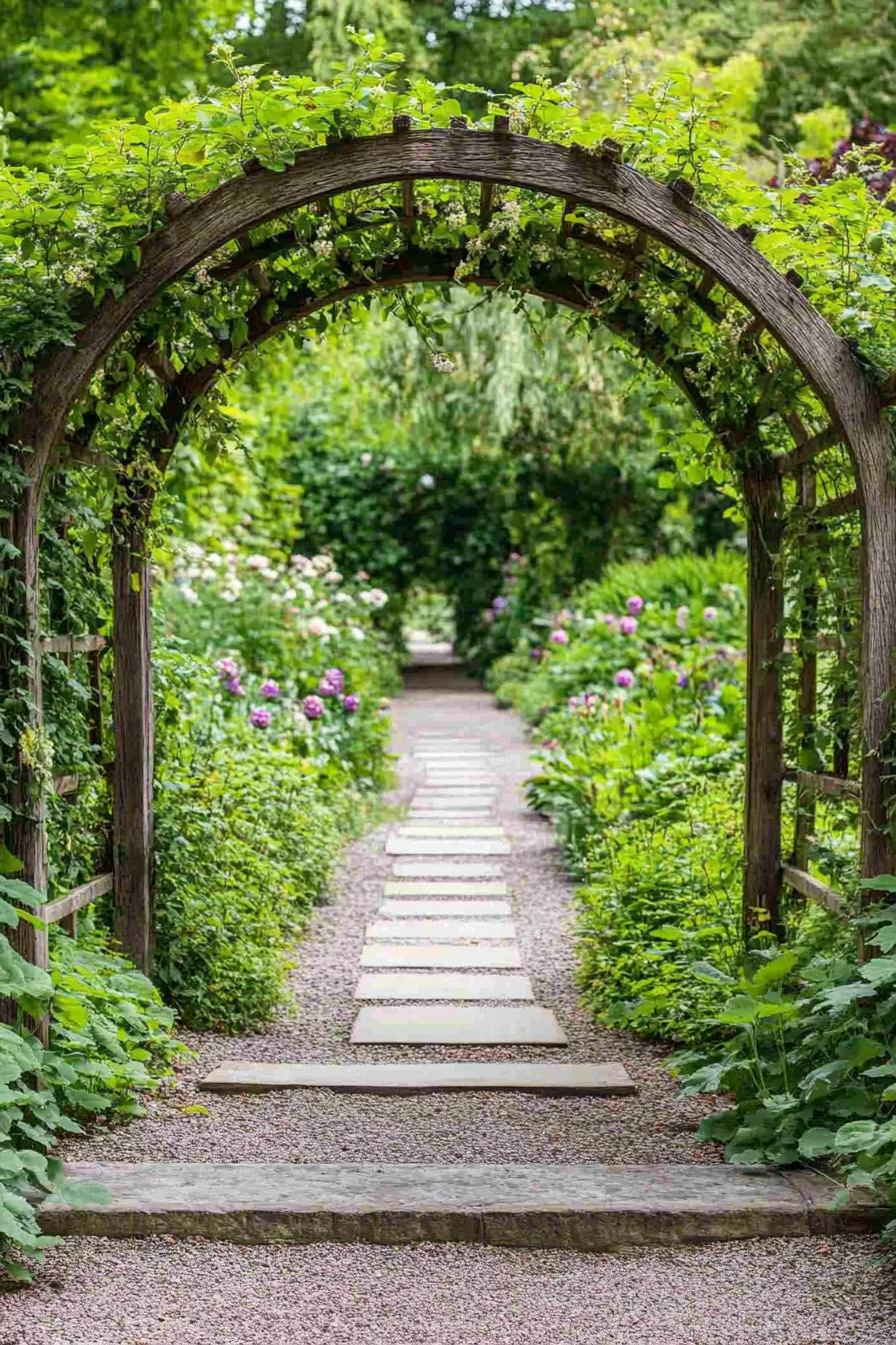 modern wooden arched garden trellis entrance to a small lush garden with paved paths 3