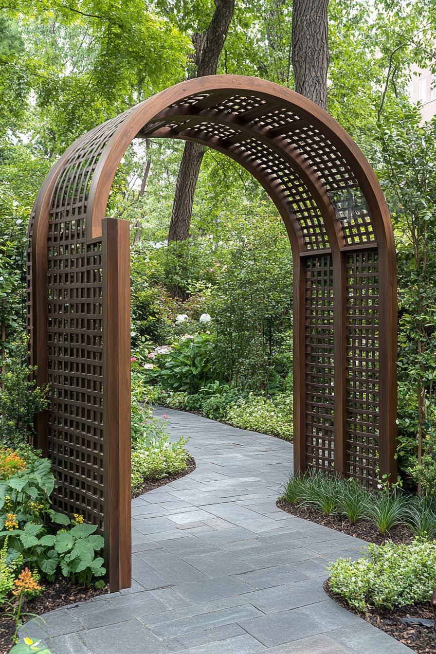 modern wooden arched garden trellis entrance to a small lush garden with paved paths