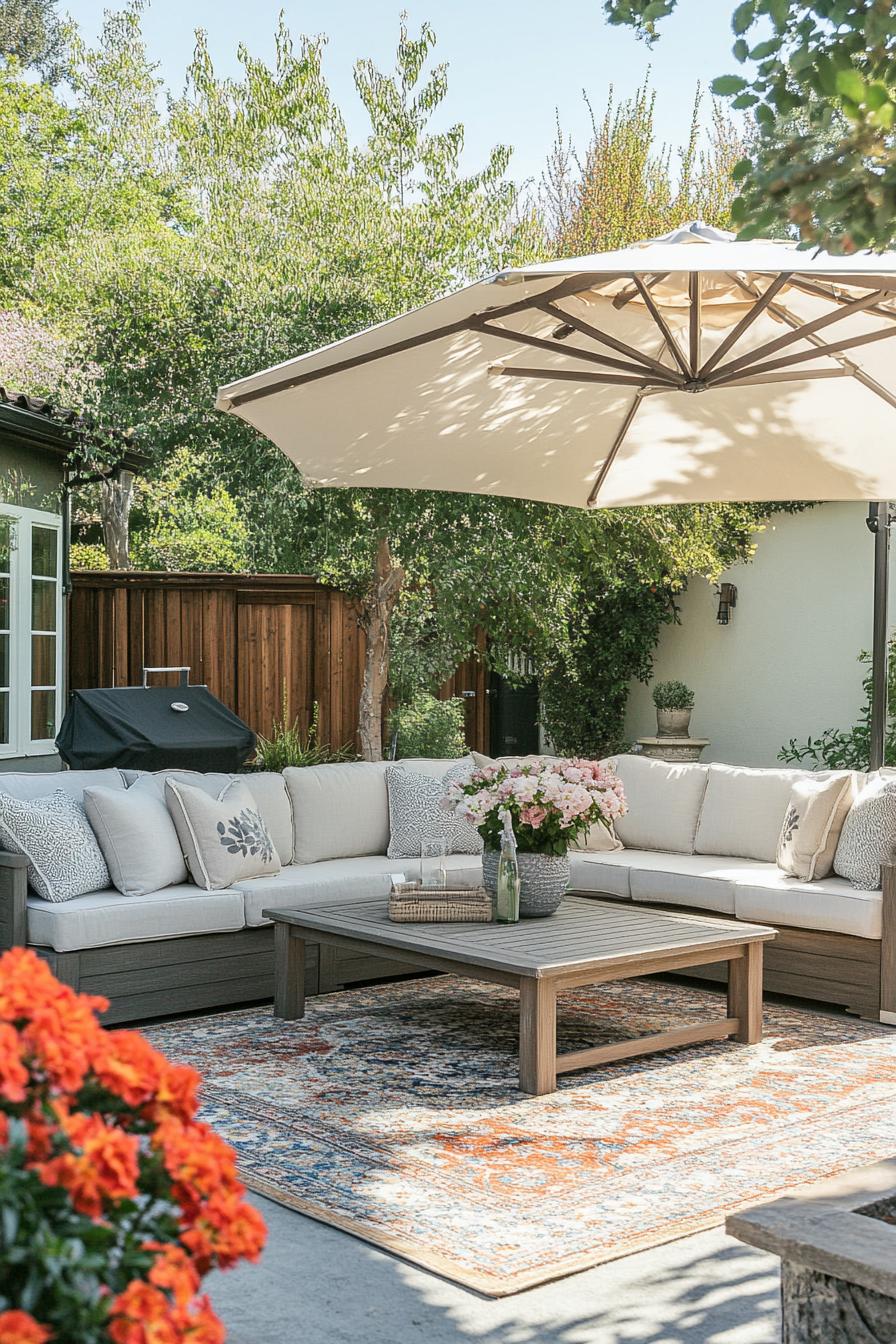 patio with flowers area rug sectional outdoor furniture with cushions large umbrella 3