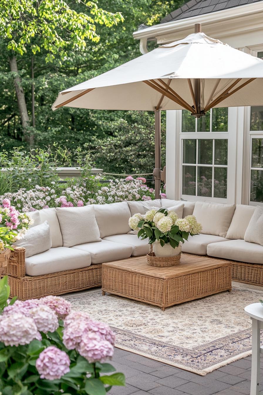 patio with flowers area rug sectional outdoor furniture with cushions large umbrella