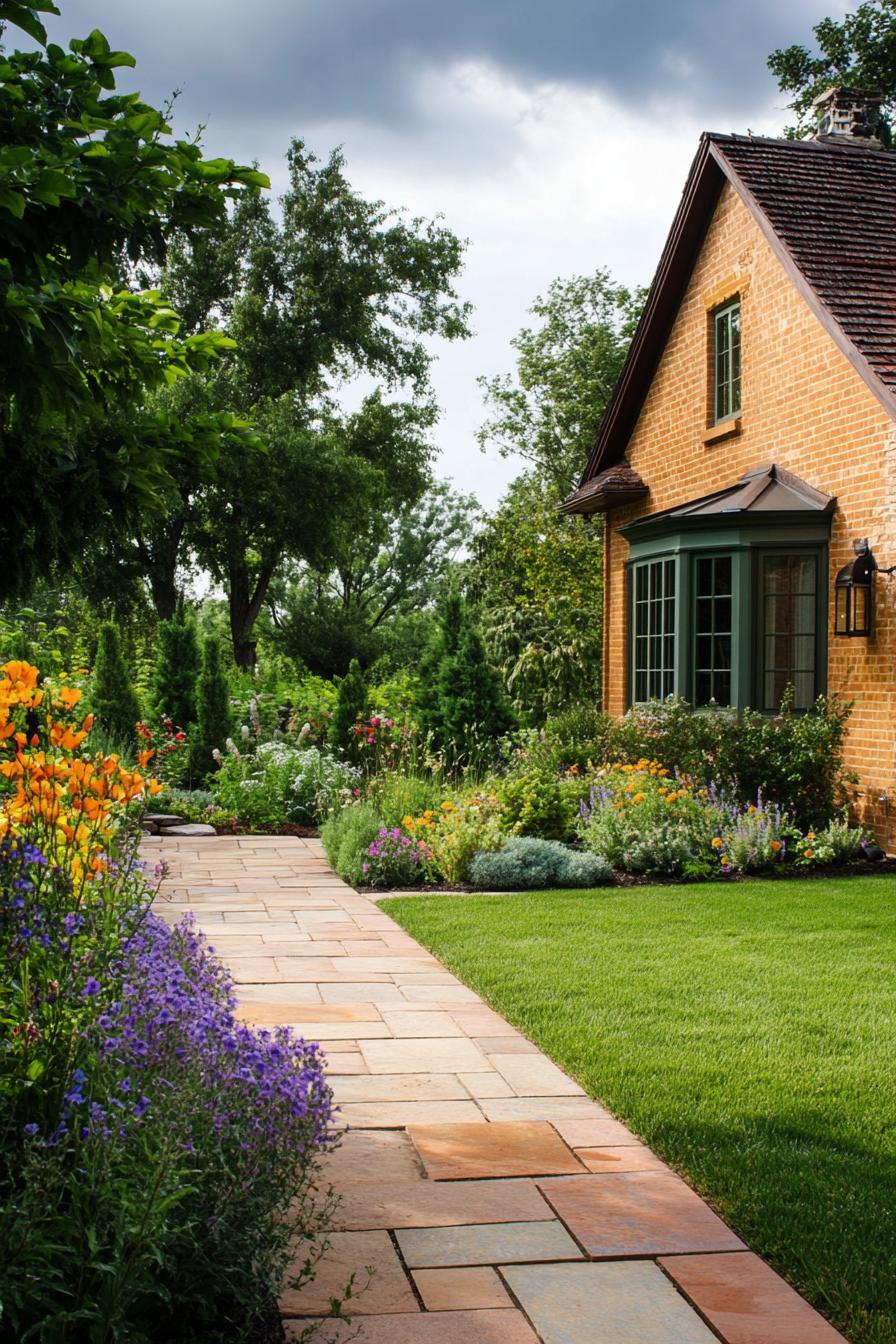 red brick country cottage garden with lawn stone tiled patio native plants and flowers in geometric landscaping 1