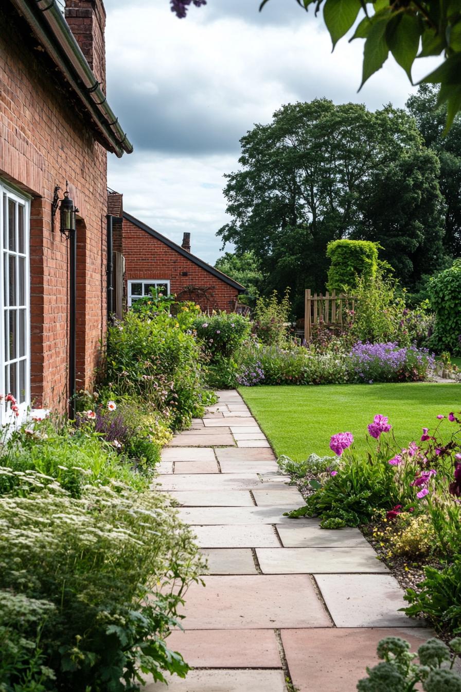 red brick country cottage garden with lawn stone tiled patio native plants and flowers in geometric landscaping 2